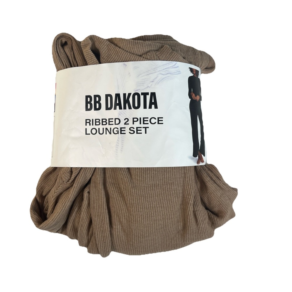 BB Dakota Womens Ribbed 2 Piece Lounge Set Taupe Brown Long Sleeve Top Pants XL